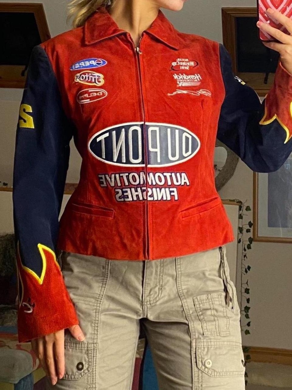 Chase Authentics Red and Navy Racing Logo Bomber Jacket